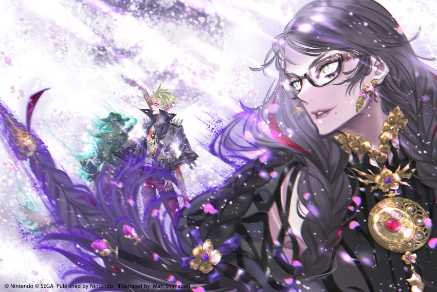 1boy 2girls bayonetta bayonetta_(series) bayonetta_3 black_coat black_hair black_headwear blonde_hair braid brown_hair coat earrings eyeshadow glasses highres jacket jewelry leather leather_jacket light_particles long_hair luka_redgrave makeup medallion mole mole_under_mouth multicolored_hair multiple_girls official_art parted_lips red_hair shimazaki_mari short_hair streaked_hair twin_braids two-tone_hair upper_body viola_(bayonetta) white_eyes