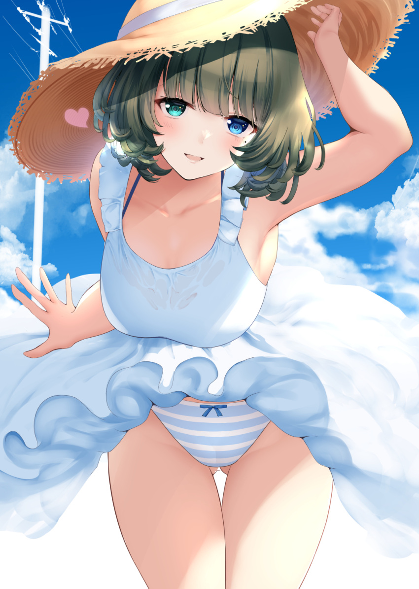 1girl ass_visible_through_thighs blue_eyes blush breasts cameltoe cleavage clothes_lift collarbone dress frilled_dress frills green_eyes green_hair hat heterochromia highres idolmaster idolmaster_cinderella_girls large_breasts mole mole_under_eye open_mouth panties ponytail_korosuke ribbon_panties short_hair smile solo straw_hat striped striped_panties takagaki_kaede thighs underwear utility_pole white_dress