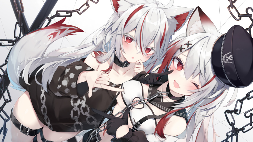 2girls :o ;d animal_ear_fluff animal_ears bare_shoulders black_choker black_gloves black_headwear black_sailor_collar black_shirt black_shorts breasts chain choker cleavage_cutout clothing_cutout collarbone commentary_request fang gloves gradient_background grey_background grey_hair hair_between_eyes half_gloves hat heart_cutout highres long_hair long_sleeves looking_at_viewer medium_breasts multicolored_hair multiple_girls nibiiro_shizuka off-shoulder_shirt off_shoulder one_eye_closed original parted_lips peaked_cap puffy_long_sleeves puffy_sleeves red_eyes red_hair sailor_collar shirt shorts smile streaked_hair tail tilted_headwear very_long_hair white_background wide_sleeves