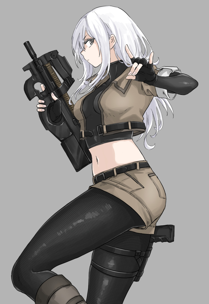 1girl breasts bullpup crop_top fox_shadow_puppet fuku_(fuku12290574) grey_eyes gun handgun highres holding holding_weapon holster holstered medium_breasts midriff military navel original p90 pantyhose short_shorts shorts submachine_gun tactical_clothes thigh_holster turtleneck weapon white_hair