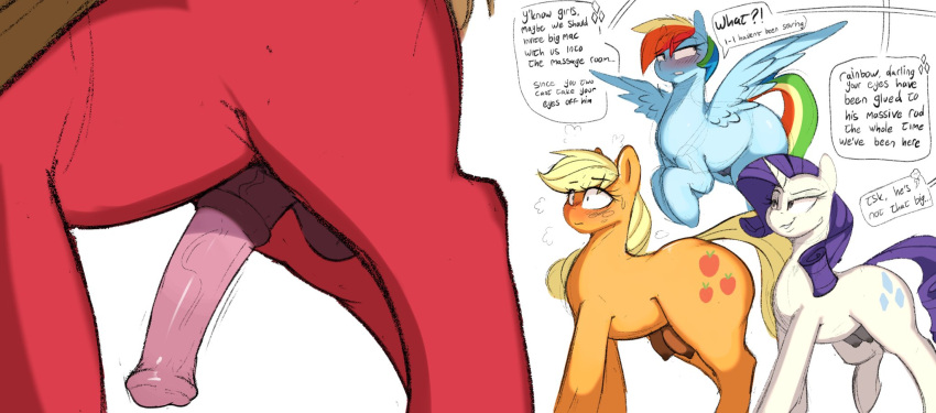 animal_genitalia animal_penis applejack_(mlp) balls big_macintosh_(mlp) big_teats blue_body blush cutie_mark dialogue earth_pony english_text equid equine equine_genitalia equine_penis eyebrow_through_hair eyebrows faceless_character faceless_male female feral friendship_is_magic genitals group hair hasbro hi_res hooves horn horse male mammal motion_lines multicolored_hair multicolored_tail my_little_pony orange_body pegasus penis pony purple_hair purple_tail quadruped rainbow_dash_(mlp) rainbow_hair rainbow_tail rarity_(mlp) red_body speech_bubble tail teats text translucent translucent_hair unicorn unicorn_horn welost white_body wings yellow_tail