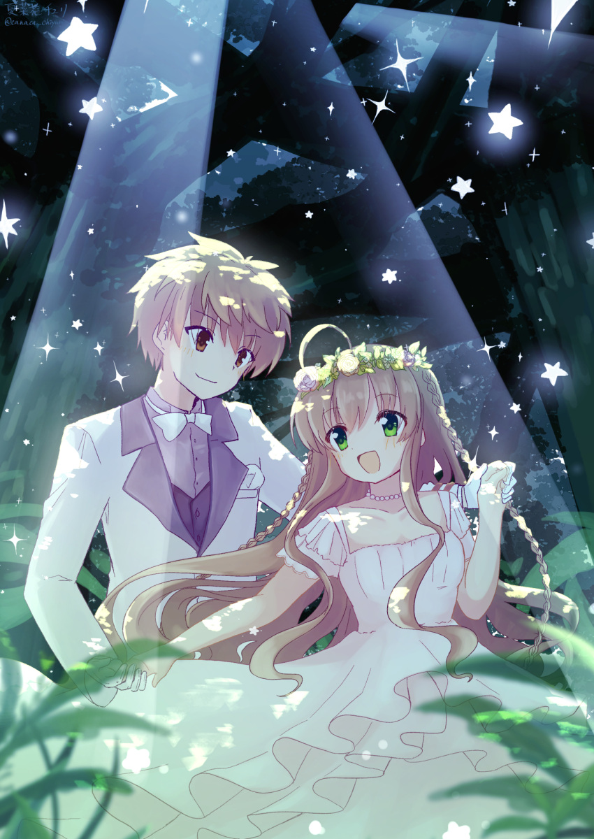 1boy 1girl :d ahoge blurry blush bow bowtie braid brown_hair canaca_chiyuri cleavage_cutout closed_mouth clothing_cutout commentary couple cowboy_shot dancing dappled_moonlight depth_of_field dress english_commentary eyes_visible_through_hair floating_hair flower_wreath forest frilled_dress frills gloves hair_between_eyes hand_up happy head_wreath hetero highres holding_hands kanbe_kotori long_hair long_sleeves looking_at_another moonlight nature night open_mouth orange_eyes orange_hair outdoors rewrite short_hair sidelocks smile sparkle spiked_hair spotlight standing suit tennouji_kotarou twin_braids very_long_hair wavy_hair wedding wedding_dress white_bow white_bowtie white_dress white_gloves white_suit
