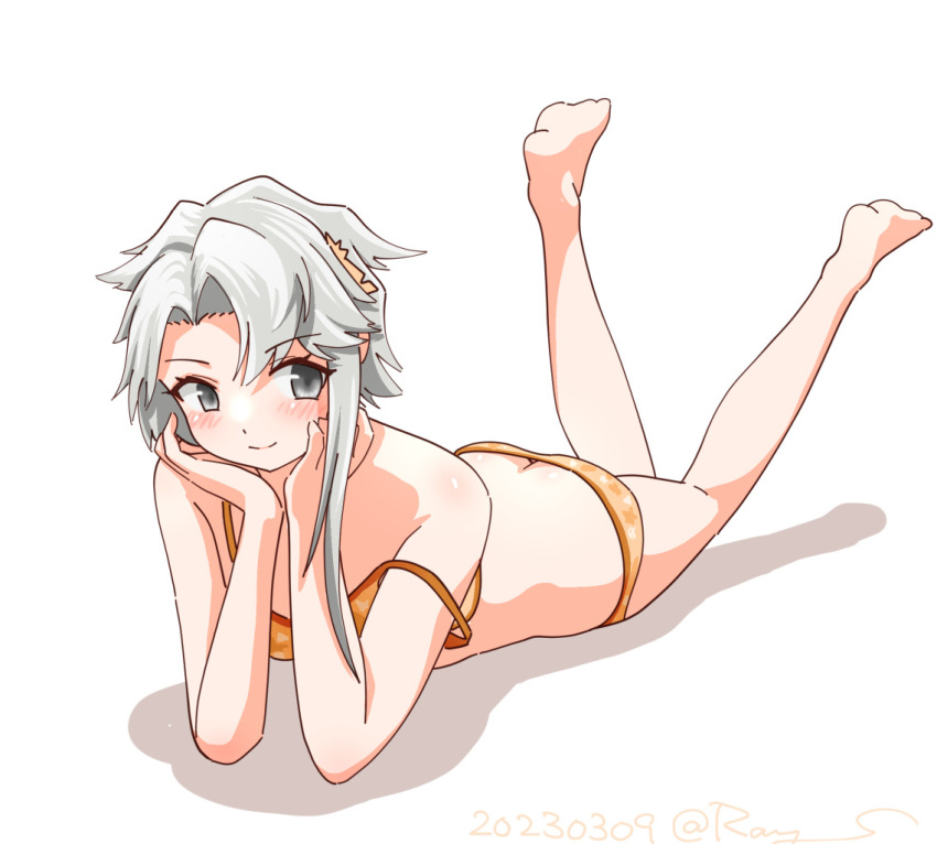 1girl akishimo_(kancolle) ass asymmetrical_hair bra breasts brown_hair gradient_hair grey_eyes hair_ornament hands_on_own_face kantai_collection leaf_hair_ornament lying multicolored_hair on_stomach one-hour_drawing_challenge orange_bra orange_panties panties ray.s short_hair short_hair_with_long_locks simple_background small_breasts smile solo strap_slip underwear underwear_only white_background