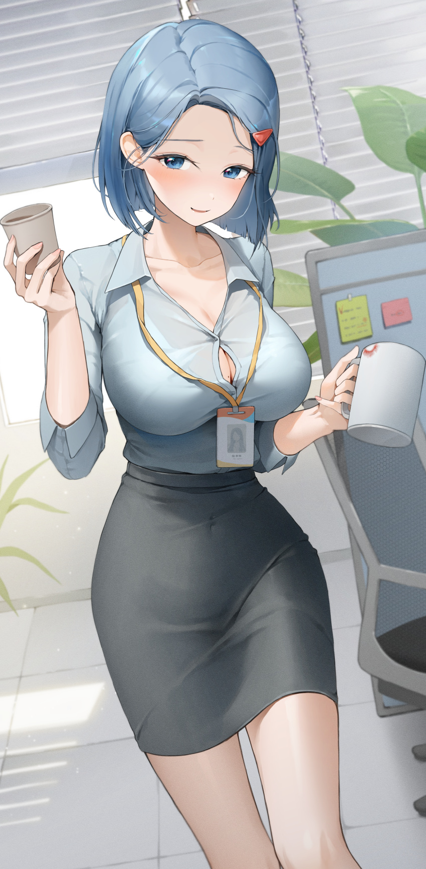 1girl absurdres black_skirt blue_eyes blue_hair breasts button_gap cleavage cup disposable_cup hair_behind_ear hair_ornament hairclip highres holding holding_cup jeon-eo_konoshiro large_breasts looking_at_viewer medium_hair office office_lady original pencil_skirt shirt skirt smile white_shirt