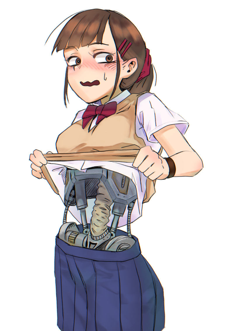 1girl absurdres android blue_skirt blush bow bowtie brown_eyes brown_hair clothes_lift cowboy_shot hair_ornament hair_scrunchie hairclip highres mecha-jk mechanical_parts meikaa nose_blush original pleated_skirt ponytail red_bow red_bowtie school_uniform scrunchie shirt shirt_lift short_sleeves simple_background skirt solo sweatdrop wavy_mouth white_background white_shirt