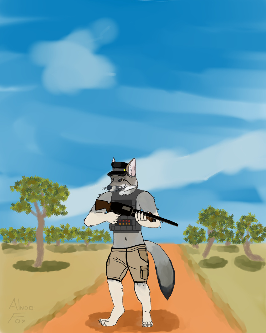 absurd_res aindomablefox anthro canid canine gun hi_res hoary_fox lycalopex male mammal ranged_weapon savanna shotgun solo weapon