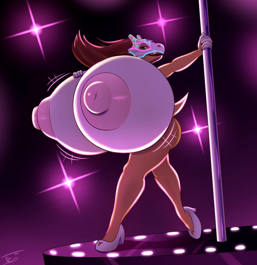 absurd_res anthro big_breasts breasts candy_(badgerben) cubone dancing female generation_1_pokemon green_eyes hi_res huge_breasts hyper hyper_breasts light nintendo pokemon pokemon_(species) pokemorph pole pole_dancing solo stripper_pole tohilewd