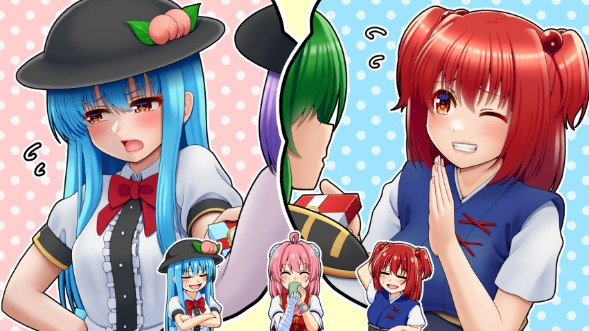 5girls ahoge arm_behind_head bandaged_arm bandages black_hairband blue_background blue_hair bow bowtie box center_frills closed_mouth commentary crossed_arms drinking epaulettes flying_sweatdrops food frills fruit gift gift_box green_hair hair_bobbles hair_ornament hair_over_one_eye hairband highres hinanawi_tenshi ibaraki_kasen leaf long_hair looking_at_viewer multiple_girls multiple_views nagae_iku onozuka_komachi open_mouth peach pink_background pink_hair polka_dot polka_dot_background purple_hair red_bow red_bowtie red_eyes shiki_eiki short_sleeves smile tatsu_toyoyo touhou two_side_up upper_body