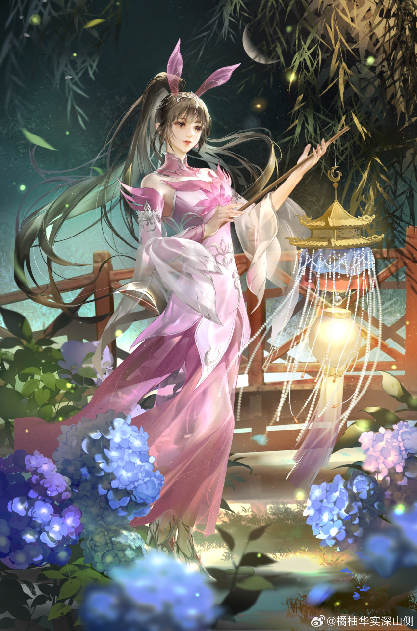 1girl absurdres animal_ears bare_shoulders blue_flower bridge brown_hair chi_wuan closed_mouth detached_collar detached_sleeves douluo_dalu dress dust fireflies flower full_body high_heels highres holding holding_lantern lantern long_hair night pink_dress ponytail rabbit_ears second-party_source solo xiao_wu_(douluo_dalu)
