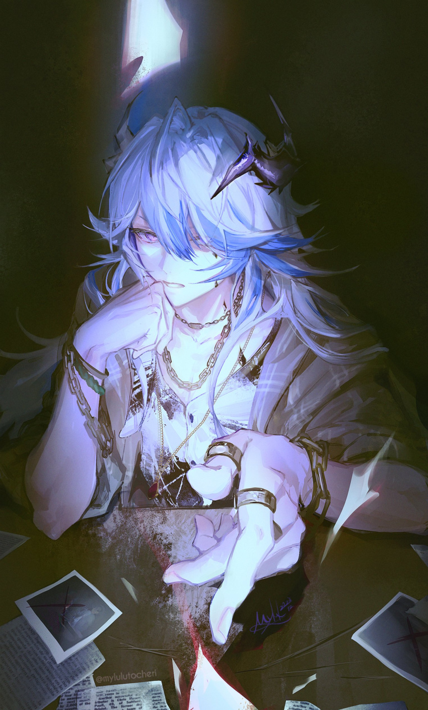 1boy absurdres arknights blue_hair bracelet chain chain_necklace commentary desk english_commentary grey_shirt hair_over_one_eye highres jewelry light_blue_hair long_hair looking_at_viewer male_focus messy_hair multiple_rings muted_color myluche necklace newspaper official_alternate_costume open_clothes open_shirt oripathy_lesion_(arknights) parted_lips polaroid puzzle_(amidst_the_pieces)_(arknights) puzzle_(arknights) reaching reaching_towards_viewer ring shirt sidelocks solo twitter_username white_shirt