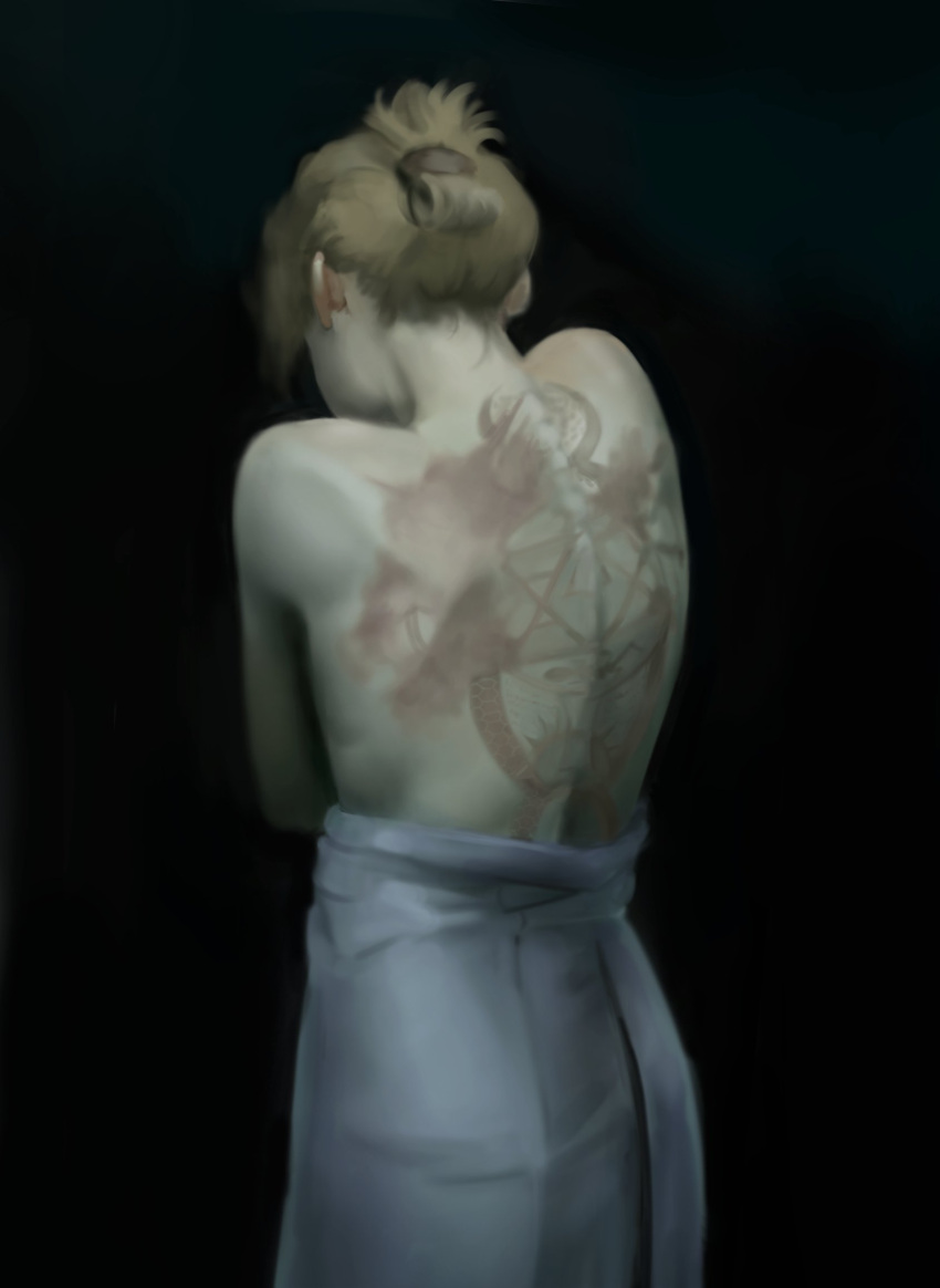 1girl back back_focus back_tattoo bare_back bare_shoulders black_background blonde_hair dana_(ocana_dana) dark_background folded_ponytail from_behind fullmetal_alchemist gradient_background highres naked_towel riza_hawkeye solo tattoo towel towel_around_waist white_towel