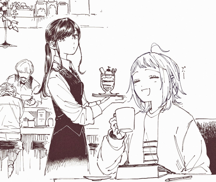 2dk_g_pen_mezamashidokei ahoge crossover cup fujimura_kaede holding holding_cup monochrome oosawa_yayoi ponytail sitting smile standing take_out_deki_masu_ga ueno_(take_out_deki_masu_ga) waitress