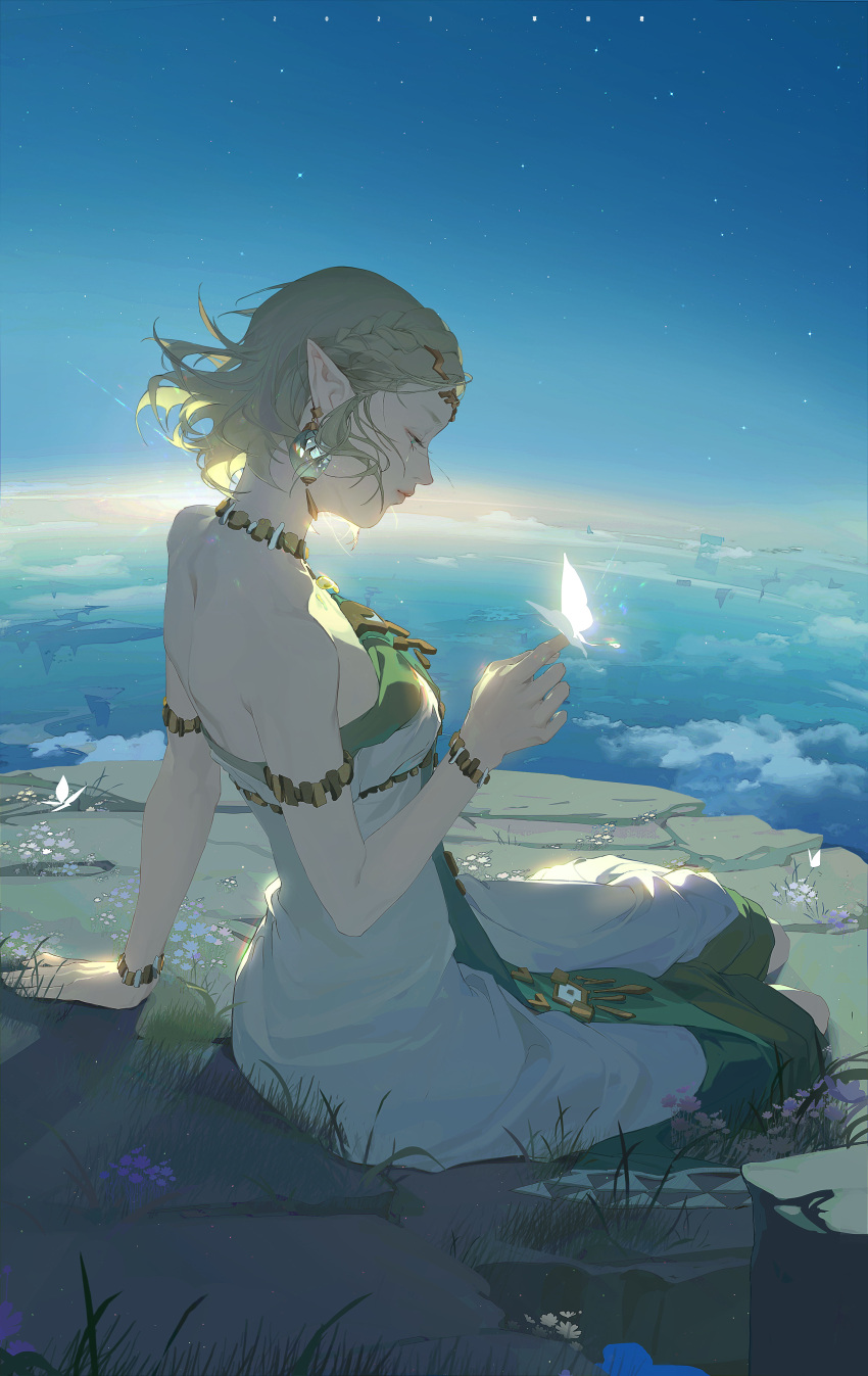 1girl absurdres armlet blonde_hair bracelet braid bug butterfly circlet cloud commentary crown_braid dawn dress earrings flower half-closed_eyes highres horizon jewelry magatama magatama_necklace medium_hair necklace night night_sky pointy_ears princess_zelda sky solo strapless strapless_dress the_legend_of_zelda white_dress zm-panda-