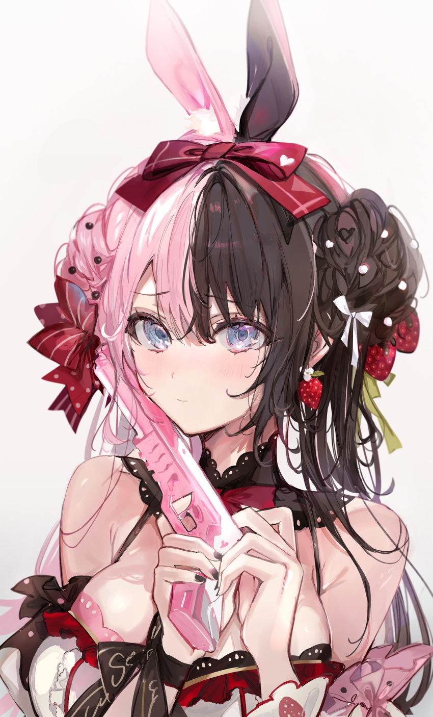 1girl absurdres bangs bare_shoulders black_nails blue_eyes blush bow breasts brown_hair double_bun earrings finger_on_trigger food-themed_earrings food-themed_hair_ornament gun hair_between_eyes hair_bow hair_bun hair_ornament handgun highres holding holding_gun holding_weapon iris_black_games jewelry large_breasts looking_at_viewer multicolored_hair pink_hair red_bow shia_job solo split-color_hair strawberry_earrings strawberry_hair_ornament tachibana_hinano_(vtuber) upper_body virtual_youtuber vspo! weapon white_background white_bow