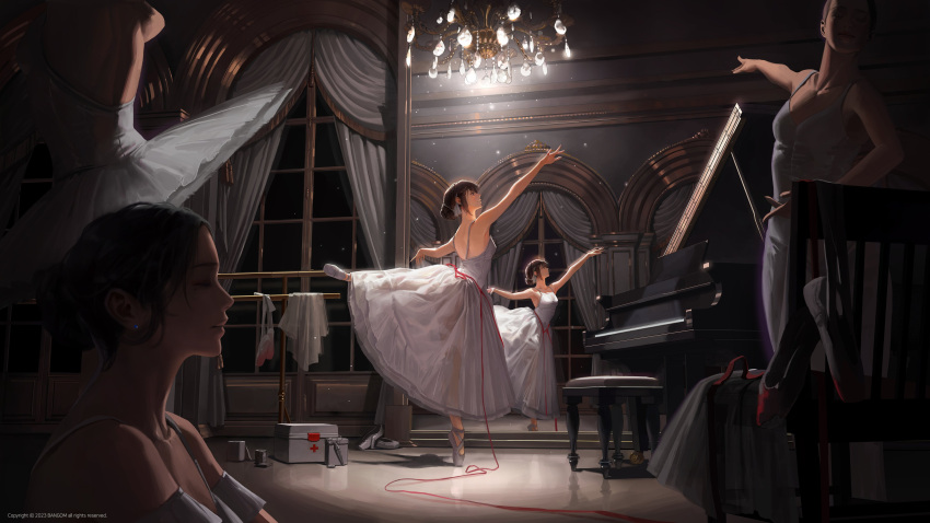 4girls absurdres ass ballet ballet_dress bangsom barre brown_hair chandelier copyright dress first_aid_kit grand_piano highres indoors instrument mirror multiple_girls original outstretched_arms piano reflection see-through see-through_dress standing standing_on_one_leg tiptoes white_dress