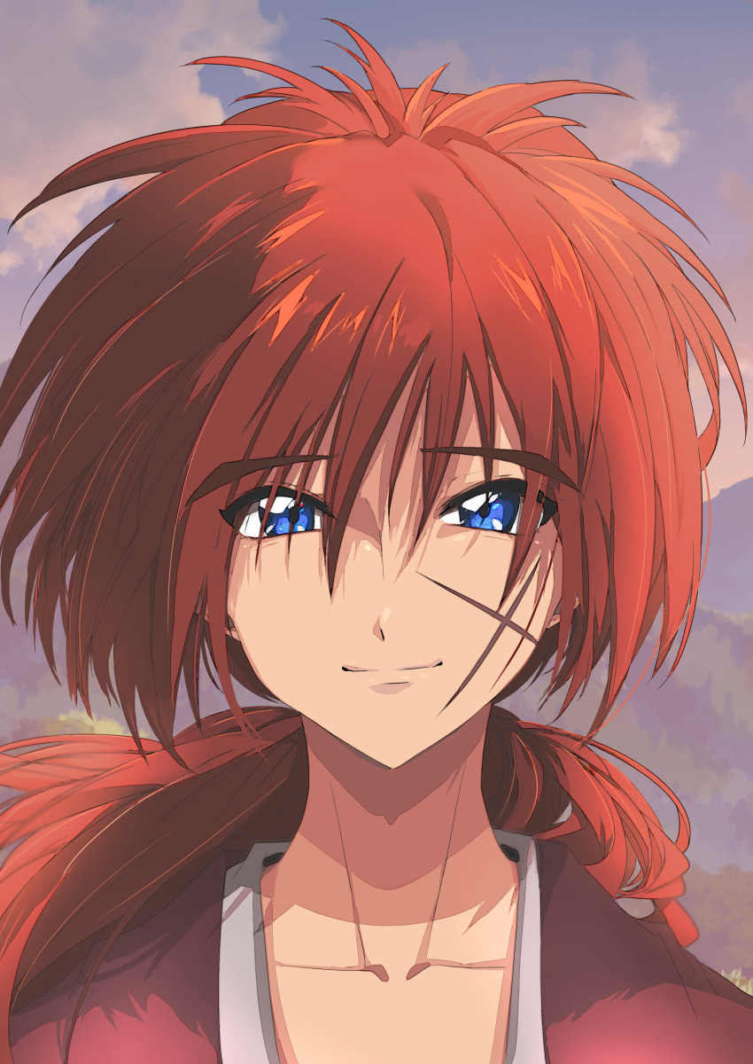 1boy absurdres blue_eyes closed_mouth collarbone crossed_arms dusk hair_between_eyes highres himura_kenshin japanese_clothes kimono long_hair looking_at_viewer low_ponytail male_focus outdoors portrait red_hair red_kimono red_light_district rurouni_kenshin scar scar_on_cheek scar_on_face smile solo