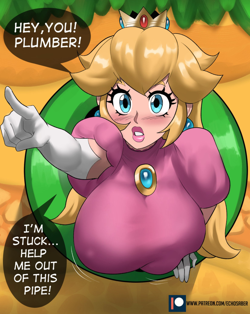 1girl blonde_hair blue_eyes blush breasts crown dress earrings echo_saber elbow_gloves english_text gloves highres industrial_pipe jewelry large_breasts long_hair looking_at_viewer mario_(series) motion_lines patreon_logo patreon_username pink_dress pointing princess_peach solo speech_bubble stuck thick_eyebrows warp_pipe watermark web_address white_gloves