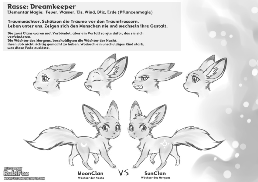 ambiguous_gender canid canine fennec feral fox german_text mammal model_sheet monochrome rukifox side_view text translated