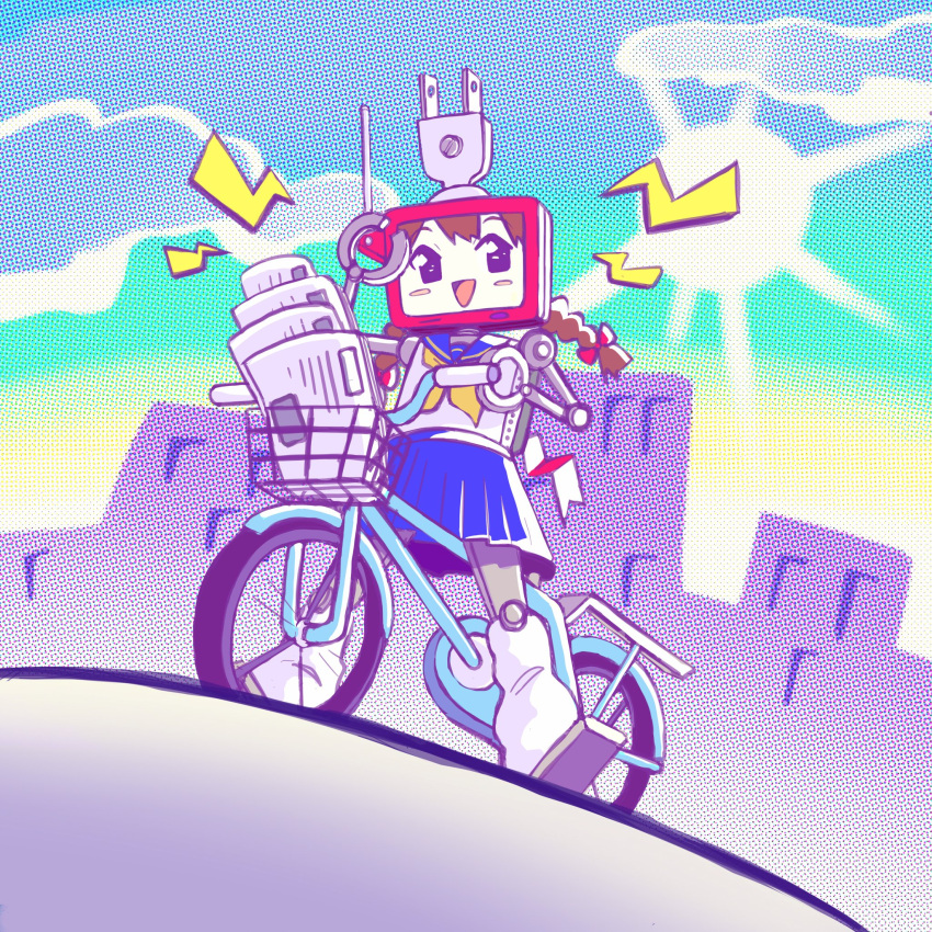 1girl android bicycle blue_sailor_collar blue_skirt blush_stickers bow brown_hair chokobiimu city cloud cyborg dotto!_koni-chan emi_the_television ground_vehicle happy highres newspaper open_mouth red_bow robot sailor_collar skirt sky sun television