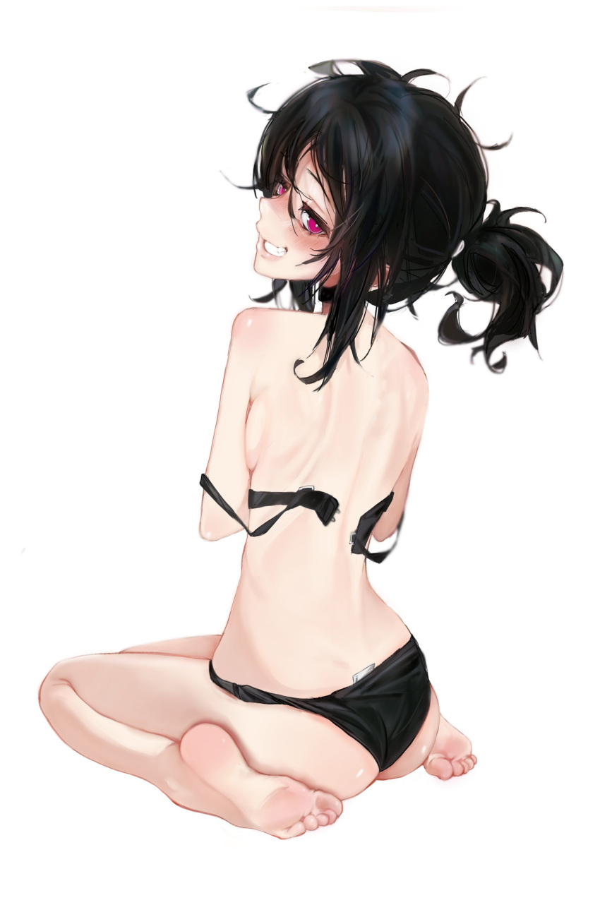 1girl absurdres ashley_graves black_bra black_hair black_panties blush bra dizzy_(nadecola9) highres looking_back panties pink_eyes ponytail the_coffin_of_andy_and_leyley underwear unworn_bra