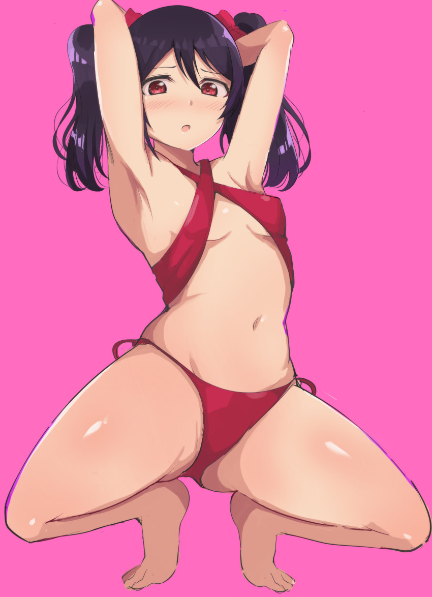 1girl armpits arms_behind_head ass bikini black_hair blush bow breasts cleavage full_body hair_bow highres looking_at_viewer love_live! navel red_background red_eyes simple_background small_breasts solo spread_legs squatting swimsuit thighs tiptoes twintails wewe yazawa_nico