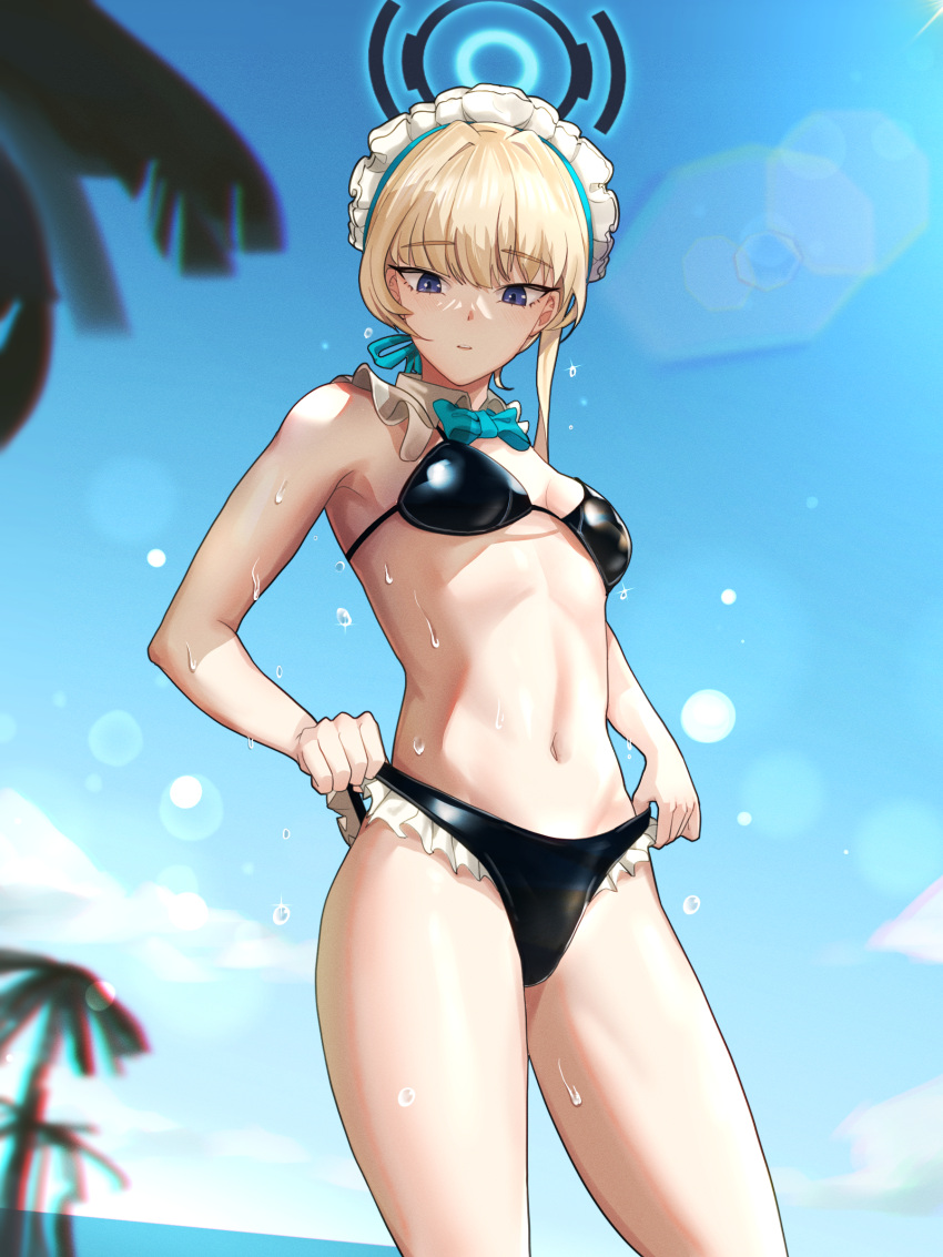 1girl absurdres alternate_costume bikini black_bikini blonde_hair blue_archive blue_bow blue_bowtie blue_eyes blue_sky bow bowtie breasts cloud day detached_collar halo highres lens_flare maid_headdress navel outdoors parted_lips pulled_by_self sky small_breasts solo strap_pull swimsuit thighs toki_(blue_archive) water wet wujack2211