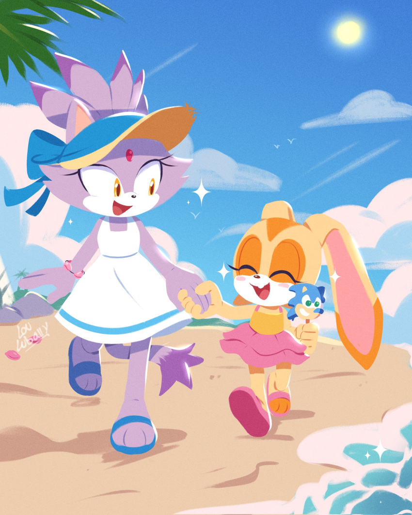 2girls beach blaze_the_cat blue_sky blush cat_girl closed_eyes cream_the_rabbit dress food forehead_jewel hat highres holding_hands lou_lubally multiple_girls ocean popsicle purple_fur rabbit_girl sand sandals skirt sky smile sonic_(series) sonic_rush sonic_the_hedgehog sun sun_hat sundress yellow_eyes