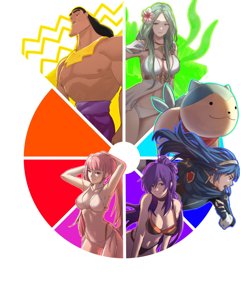 1boy 4girls absurdres animal armpits arms_up bare_shoulders bikini blue_dress blue_hair blue_shirt breasts cleavage color_wheel_challenge commentary dress english_commentary fire_emblem fire_emblem:_three_houses fire_emblem_engage fire_emblem_warriors:_three_hopes flower green_eyes green_hair hair_flower hair_ornament highres hilda_valentine_goneril kronk large_breasts long_hair lucina_(fire_emblem) multiple_girls navel pink_hair pomelomelon purple_eyes purple_hair rhea_(fire_emblem) rhea_(summer)_(fire_emblem) shez_(female)_(fire_emblem) shez_(fire_emblem) shirt simple_background sleeveless sleeveless_shirt sommie_(fire_emblem) stomach swimsuit the_emperor's_new_groove tiara twintails white_background white_bikini white_flower