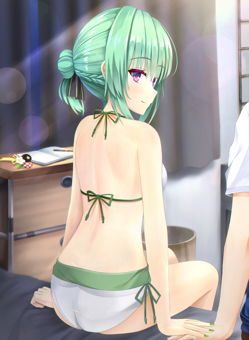 1girl 1other arms_at_sides ass back bikini black_ribbon blush braid closed_mouth commentary_request eyelashes eyes_visible_through_hair french_braid from_behind green_hair green_nails hair_between_eyes hair_bun hair_ribbon highres holding_hands indoors light_rays looking_at_viewer looking_back medium_hair nail_polish nose on_bed profile purple_eyes ribbon single_hair_bun sitting smile solo_focus sunbeam sunlight swimsuit takadate_orie tenshi_souzou_re-boot! white_bikini xiexianglg