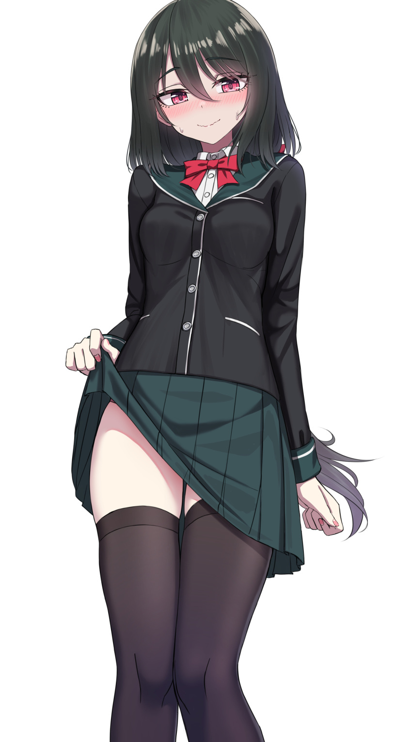 1girl absurdres black_jacket black_thighhighs blazer blush breasts buttons closed_mouth clothes_lift collared_shirt feet_out_of_frame green_hair green_skirt hair_between_eyes highres jacket lifted_by_self long_hair long_sleeves looking_at_viewer original pleated_skirt red_eyes sayano_(yakob_labo) shirt simple_background skirt skirt_lift small_breasts smile solo standing thighhighs wavy_mouth white_background white_shirt yakob_labo