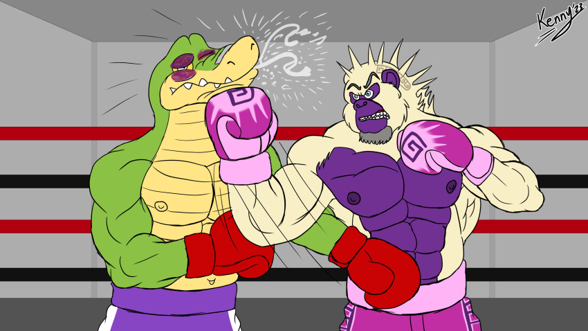 2023 absurd_res alligator alligatorid anthro ape boxing boxing_gloves brok_(character) brok_the_investigator clothing crocodilian duo fighting_ring gorilla green_body handwear haplorhine hi_res kenny_foxborrow male mammal muscular muscular_male nipples primate reptile scalie sport