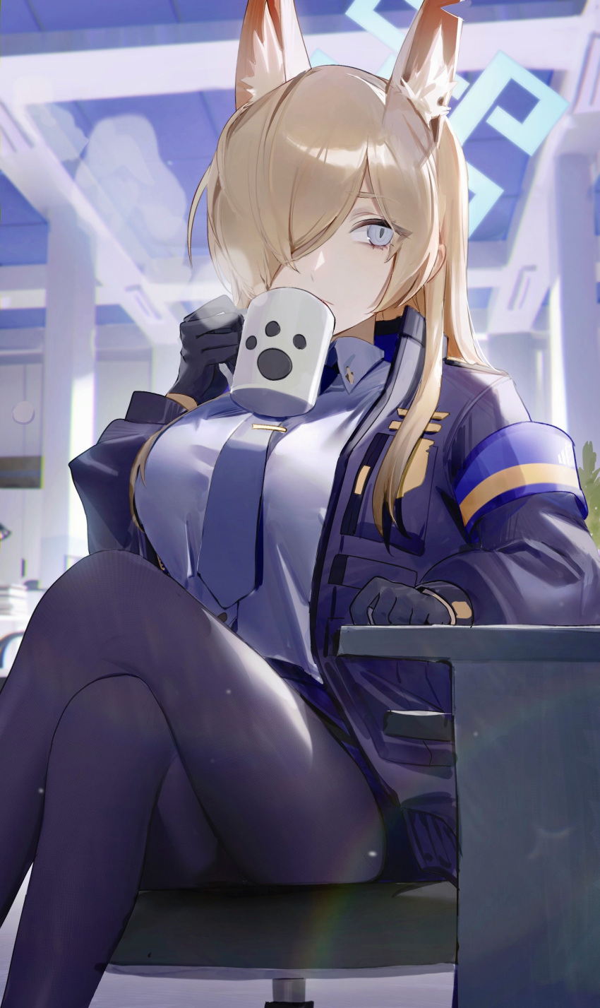 1girl absurdres animal_ear_fluff animal_ears armband black_gloves black_jacket black_pantyhose blonde_hair blue_archive blue_halo blue_necktie blue_shirt chair closed_mouth collared_shirt cup extra_ears feet_out_of_frame flatshi gloves grey_eyes hair_over_one_eye halo highres holding holding_cup jacket kanna_(blue_archive) long_hair necktie on_chair open_clothes open_jacket pantyhose shirt sitting solo