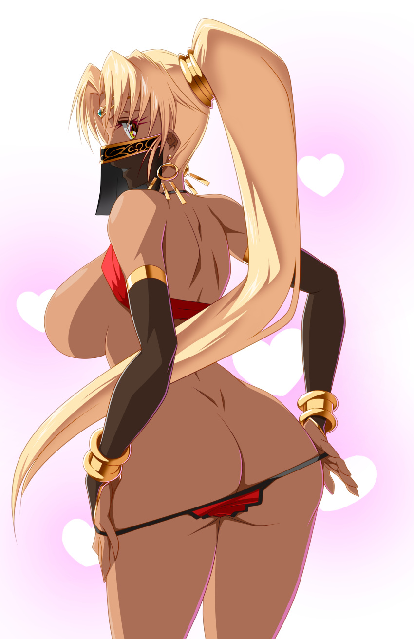 1girl absurdres airem0213 ass bare_shoulders blonde_hair bracelet breasts circlet dark-skinned_female dark_skin heart highres jewelry large_breasts long_hair looking_at_viewer mouth_veil panties pink_background ponytail red_panties sasha_(sennen_sensou_aigis) sennen_sensou_aigis simple_background smile solo standing tan underwear undressing veil very_long_hair yellow_eyes