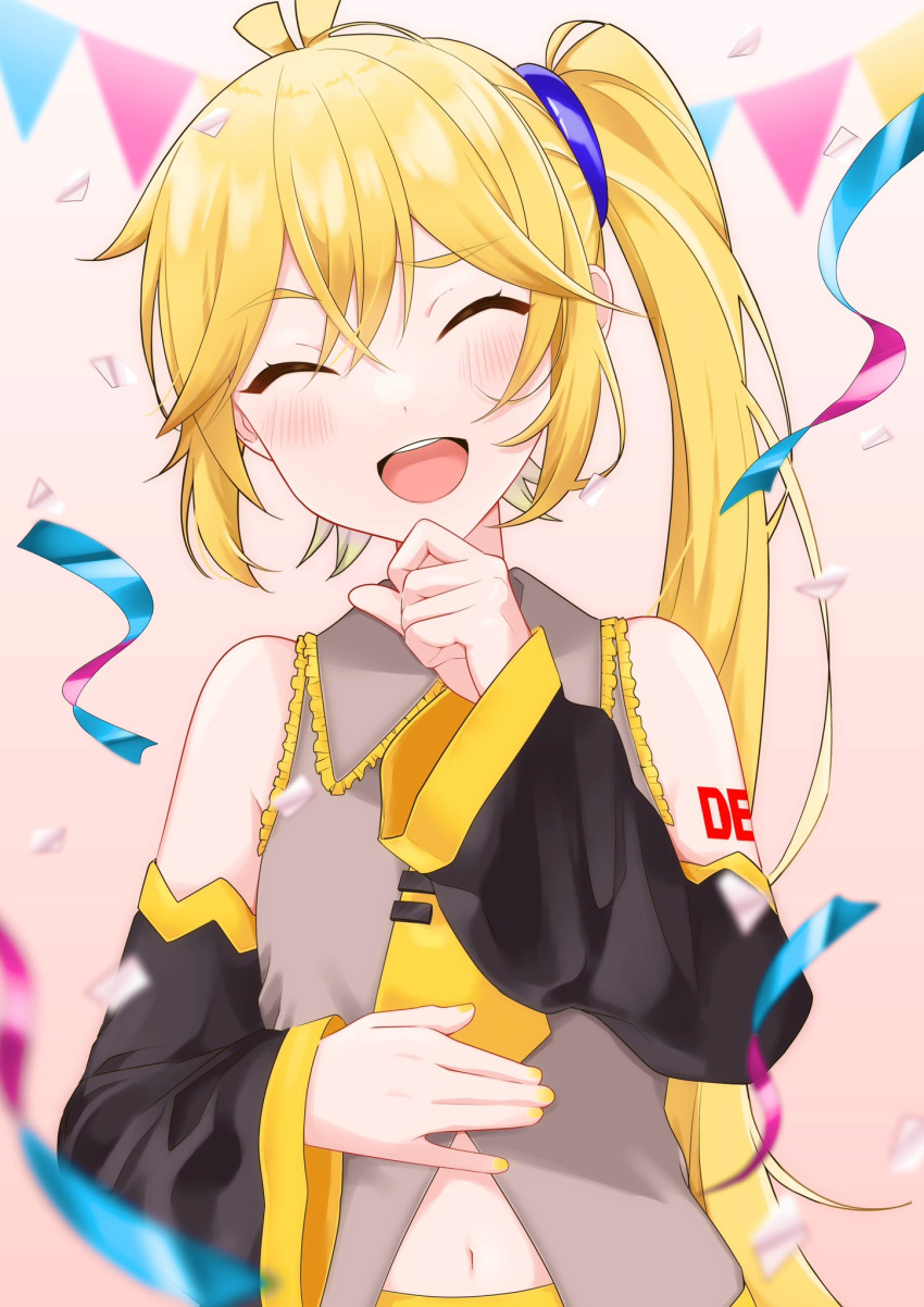 1girl akita_neru bare_arms birthday black_sleeves blonde_hair blurry blurry_background blurry_foreground closed_eyes commentary confetti detached_sleeves facing_viewer frilled_shirt_collar frills grey_shirt hair_tie hand_on_own_chin hand_on_own_stomach highres light_blush long_hair midriff nail_polish navel open_mouth shirt shoulder_tattoo side_ponytail sleeveless sleeveless_shirt smile solo streamers string_of_flags tattoo teeth tsugumi_0209 upper_body upper_teeth_only very_long_hair vocaloid yellow_nails