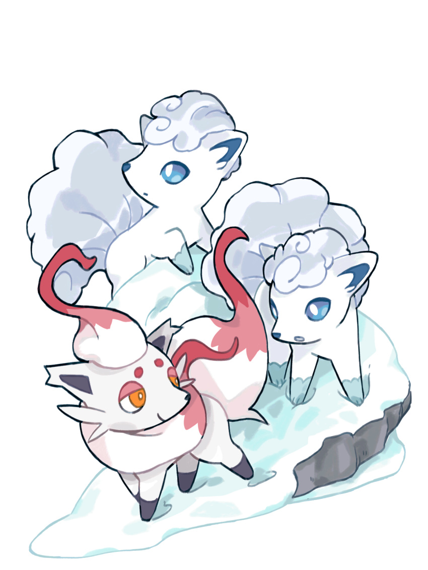 alolan_vulpix blue_eyes bright_pupils closed_mouth full_body highres hisuian_zorua looking_at_another looking_to_the_side mjoyart no_humans open_mouth pokemon pokemon_(creature) smile snow standing white_background white_pupils yellow_eyes