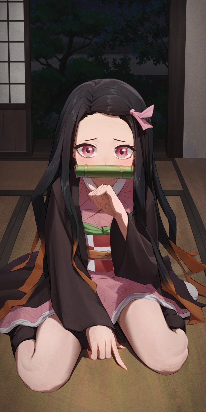 1girl absurdres bamboo bit_gag black_hair checkered_sash gag hair_ribbon highres indoors japanese_clothes kamado_nezuko kimetsu_no_yaiba kimono long_hair looking_at_viewer multicolored_hair orange_hair pink_eyes pink_kimono pink_ribbon ribbon seiza sitting solo toriare_(lyyj0nzq5zhzanl) tree