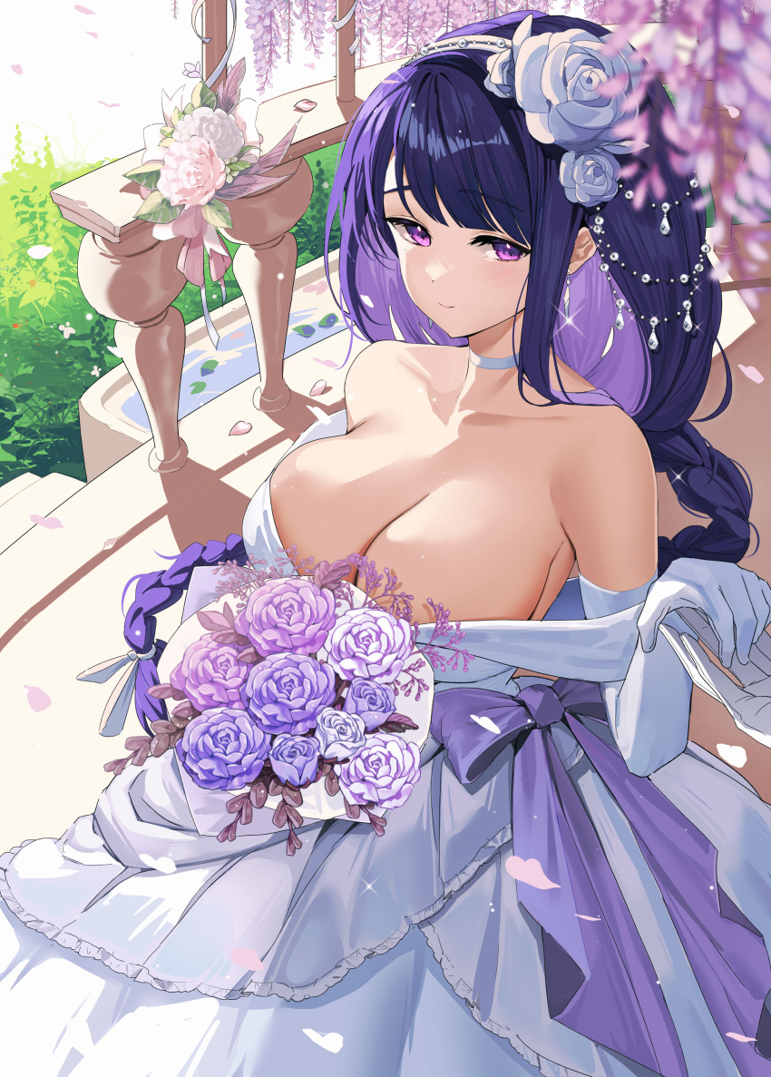 1girl 1other absurdres alternate_costume bare_shoulders blurry bouquet bow braid braided_ponytail breasts choker closed_mouth collarbone commentary depth_of_field dress earrings elbow_gloves falling_petals flower genshin_impact gloves grass hair_flower hair_ornament hairband highres holding holding_bouquet holding_hands jewelry large_breasts leaf long_hair looking_at_viewer mole mole_under_eye off-shoulder_dress off_shoulder petals petals_on_liquid pink_flower pink_rose purple_bow purple_eyes purple_flower purple_rose raiden_shogun rose smile solo_focus somyo_(s0my0) symbol-only_commentary very_long_hair waist_bow water wedding_dress white_choker white_dress white_flower white_gloves white_rose