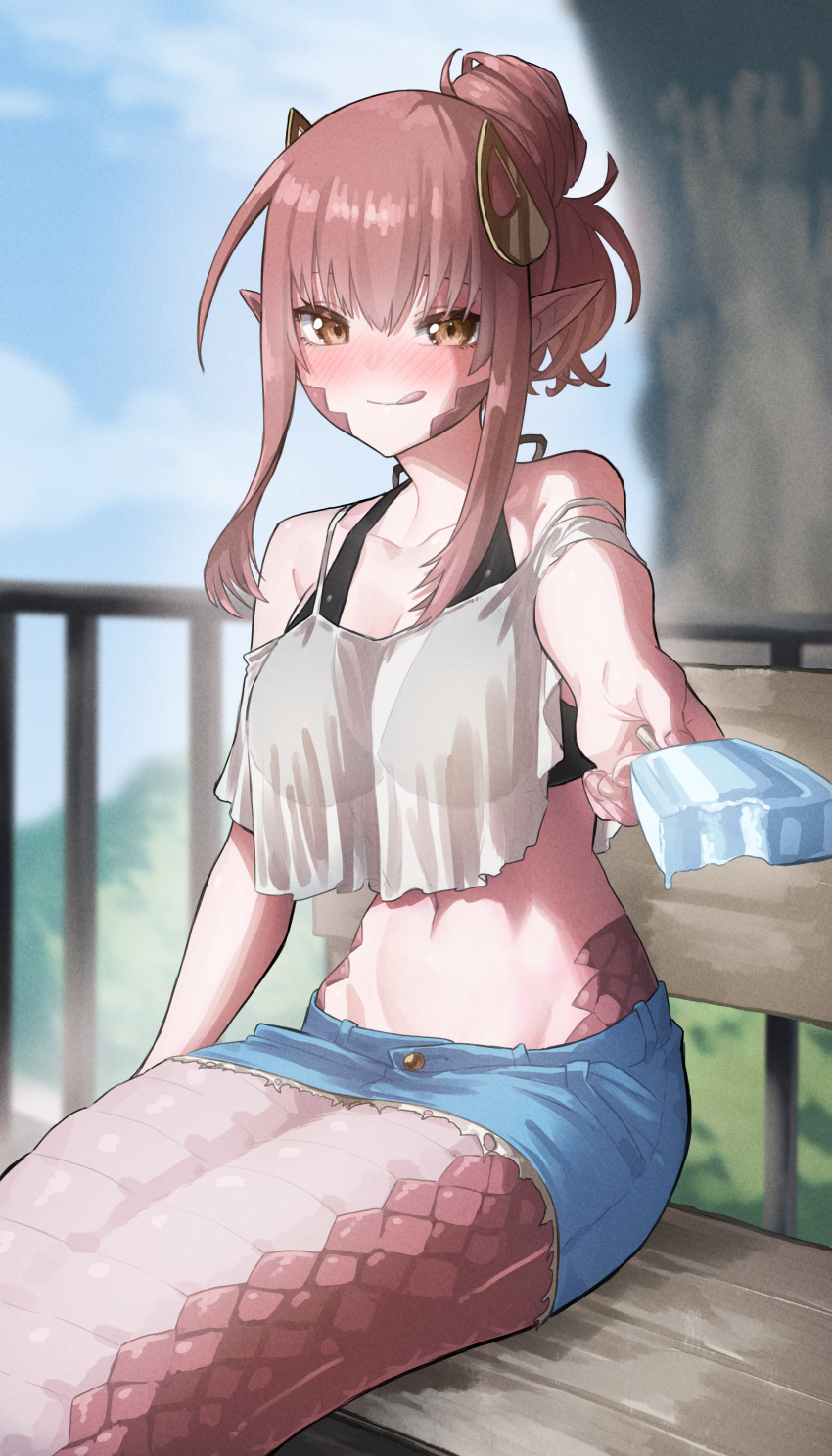 1girl absurdres bare_shoulders bikini black_bikini blush breasts cleavage collarbone commission commissioner_upload denim denim_skirt ekrea_jan fingernails food hair_between_eyes hair_ornament highres holding holding_food holding_ice_cream ice_cream lamia licking_lips long_hair looking_at_viewer medium_breasts miia_(monster_musume) miniskirt monster_girl monster_musume_no_iru_nichijou navel non-web_source outdoors pointy_ears reaching reaching_towards_viewer red_hair scales see-through sidelocks sitting_on_bench skeb_commission skirt slit_pupils solo strap_slip swimsuit tongue tongue_out tree yellow_eyes