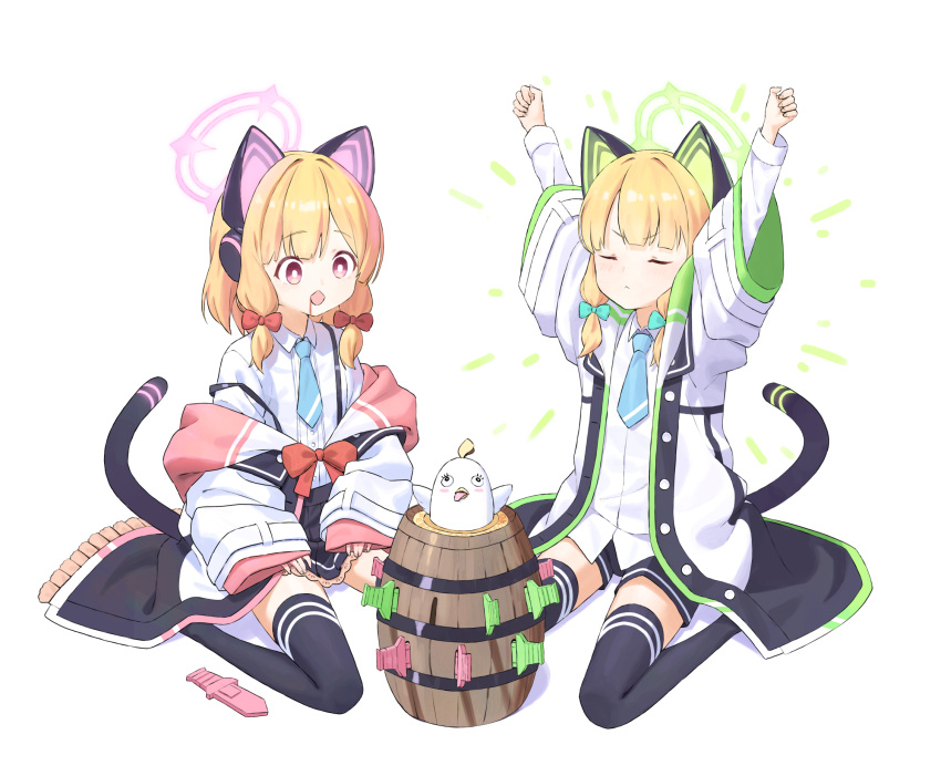 2girls animal_ear_headphones animal_ears arms_up barrel black_shorts black_skirt blonde_hair blood blood_from_mouth blue_archive blue_necktie bow bright_pupils cat_ear_headphones cat_tail closed_eyes collared_shirt cro0703 fake_animal_ears frilled_jacket frills green_bow hair_bow halo headphones highres hood hooded_jacket jacket lace-trimmed_skirt lace_trim long_sleeves midori_(blue_archive) momoi_(blue_archive) multicolored_clothes multicolored_jacket multiple_girls necktie open_mouth parted_bangs peroro_(blue_archive) pink_eyes pleated_skirt pop-up_pirate red_bow shirt shirt_tucked_in shorts siblings simple_background sisters sitting skirt suspenders tail thighhighs toy toy_sword twins wariza white_background white_pupils white_shirt wide_sleeves