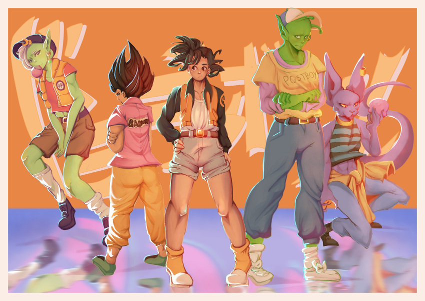 5boys abs absurdres alternate_costume animal_ear_piercing antennae beerus belt black_hair black_jacket blue_pants border brown_belt bubble_blowing clothes_around_waist clothes_writing collarbone colored_skin dragon_ball earrings english_commentary floating food furry green_skin hand_on_own_hip highres holding holding_food holding_ice_cream holding_ice_cream_cone ice_cream ice_cream_cone jacket jacket_around_waist jewelry liauditore long_sleeves male_focus midriff multiple_boys orange_footwear orange_vest pants piccolo pink_shirt red_shirt reflective_floor shirt socks son_goku spiked_hair striped striped_shirt vegeta vest white_border white_footwear white_shirt white_socks yellow_pants yellow_shirt zamasu