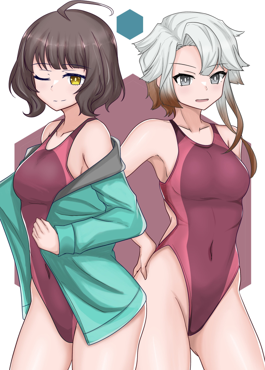 1girl absurdres adapted_costume ahoge akishimo_(kancolle) asymmetrical_hair blunt_bangs breasts brown_eyes brown_hair brown_one-piece_swimsuit contrapposto covered_navel gradient_hair green_jacket grey_eyes highleg highleg_swimsuit highres hood hooded_jacket jacket kantai_collection kishinami_(kancolle) looking_at_viewer medium_breasts multicolored_hair one-piece_swimsuit one_eye_closed short_hair short_hair_with_long_locks solo swimsuit tokiwa_senkei two-tone_swimsuit wavy_hair