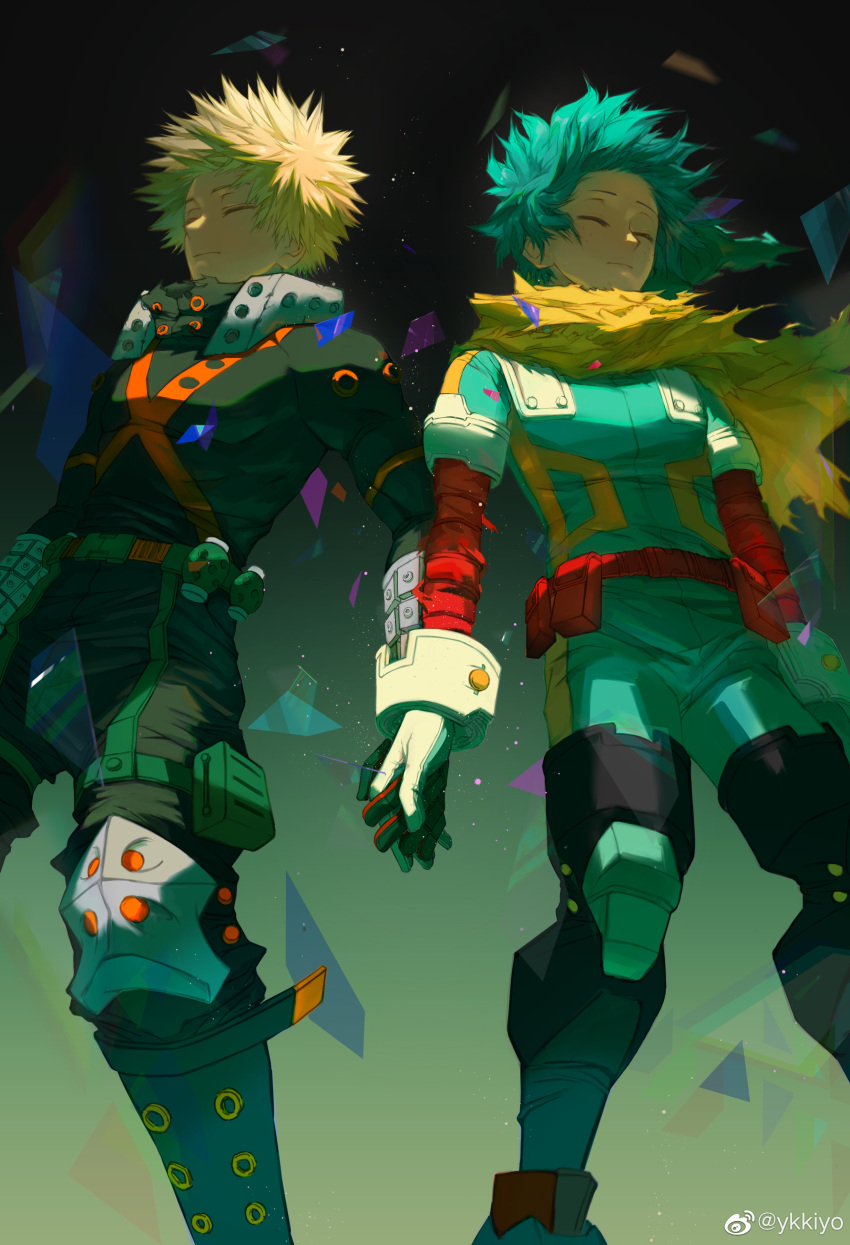 2boys absurdres aqua_bodysuit aqua_hair bakugou_katsuki belt belt_pouch black_background black_footwear black_pants blonde_hair bodysuit boku_no_hero_academia boots cape chinese_commentary closed_eyes closed_mouth combat_boots explosive feet_out_of_frame floating floating_cape floating_hair freckles glass_shards gloves gradient_background green_background green_gloves grenade high_collar highres holding_hands knee_pads light male_focus midair midoriya_izuku multicolored_bodysuit multicolored_clothes multiple_boys official_alternate_costume orange_gloves pants pouch red_belt shards short_hair side-by-side single_horizontal_stripe snap-fit_buckle spiked_hair spoilers toned toned_male torn_cape torn_clothes transparent unconscious utility_belt weibo_logo weibo_username wrist_guards x yellow_cape ykkiyo