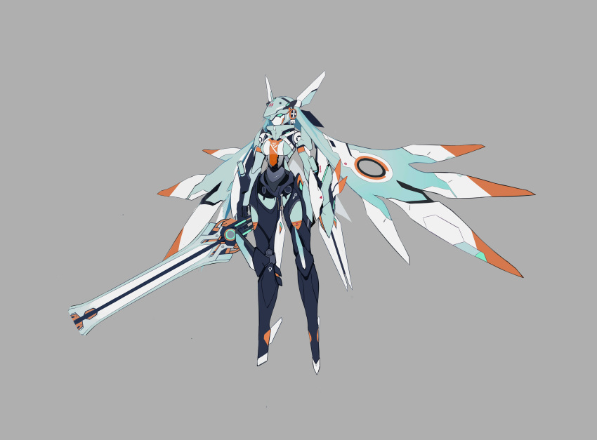 1girl absurdres commentary faceplate grey_background highres holding holding_sword holding_weapon jhcrow3 machine mecha_musume mechanical_ears mechanical_wings original solo sword weapon wings