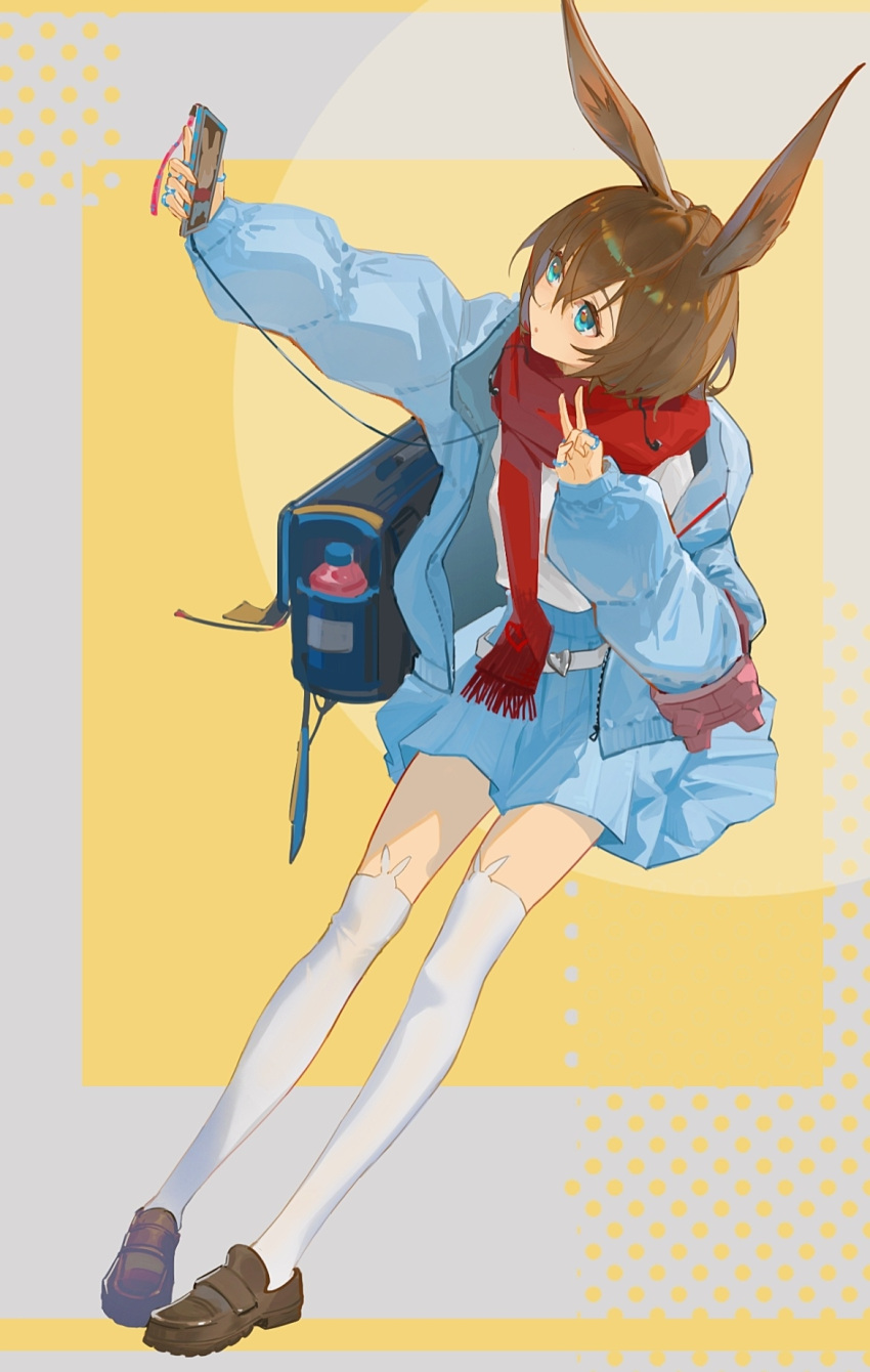 amiya_(arknights) amiya_(fresh_fastener)_(arknights) animal_ear_legwear animal_ears arknights bag blue_eyes blue_jacket blue_skirt blush bottle brown_footwear brown_hair full_body grey_background highres invisible_chair jacket jewelry loafers long_sleeves looking_at_phone miniskirt multiple_rings official_alternate_costume open_clothes open_jacket phone rabbit_ears red_scarf ring scarf selfie shirt shoes short_hair sitting skirt thighhighs two-tone_background v white_shirt white_thighhighs yellow_background yuyumu