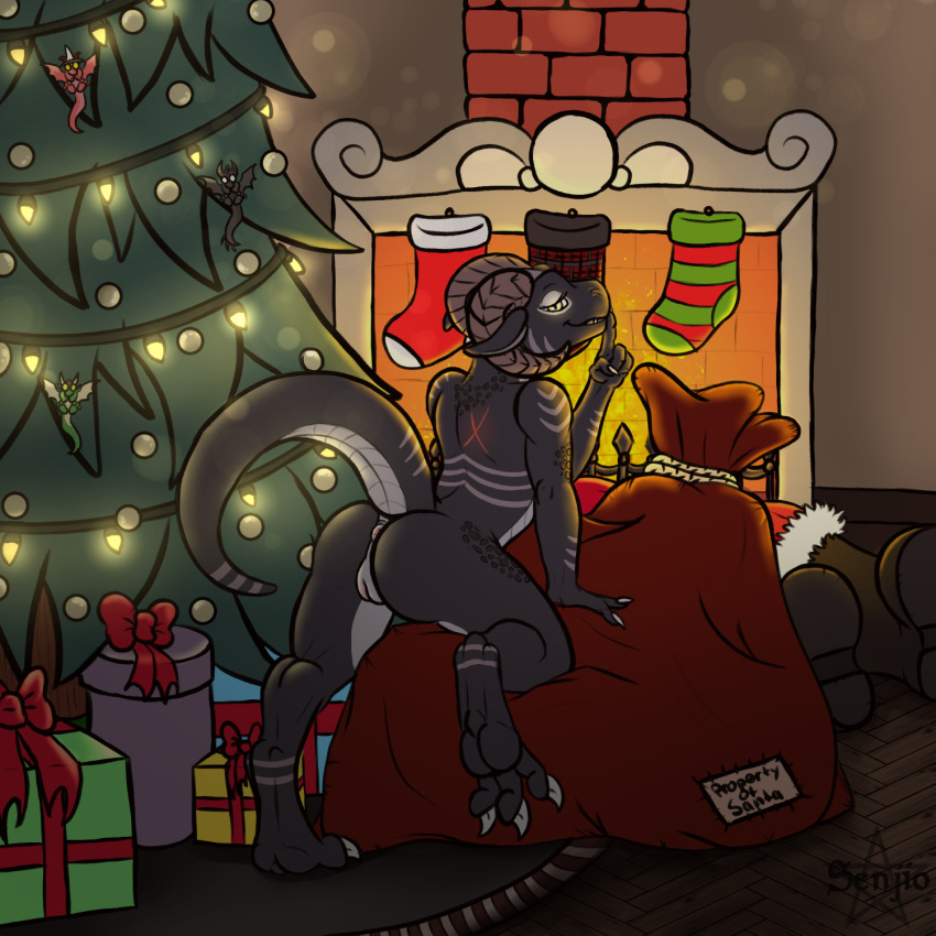 2023 anthro anus black_body black_scales butt chimney christmas christmas_decorations christmas_lights christmas_present christmas_stocking christmas_tree claws detailed_background digital_drawing_(artwork) digital_media_(artwork) female genitals gift hi_res holidays horn kazarra_the_kobold kobold looking_at_viewer nude plant pussy reptile santa_claus scales scalie senjio shaded shush signature smile solo tail tree watermark