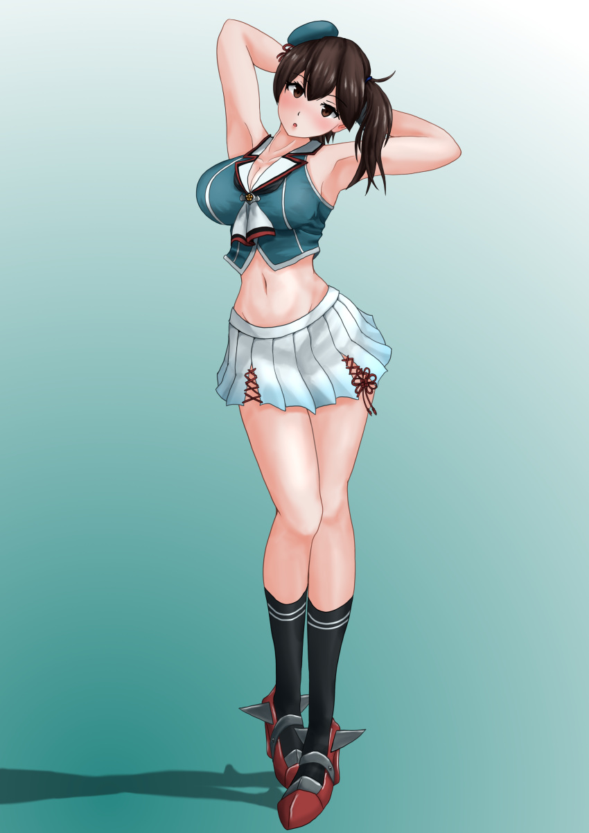 1girl absurdres arms_behind_head black_socks breasts brown_eyes brown_hair choukai_(kancolle) choukai_kai_ni_(kancolle) choukai_kai_ni_(kancolle)_(cosplay) cleavage cosplay crop_top full_body green_background green_shirt highres kaga_(kancolle) kantai_collection large_breasts long_hair looking_at_viewer midriff navel pleated_skirt red_footwear shirt side_ponytail simple_background skirt sleeveless sleeveless_shirt socks solo standing white_skirt yasakae_(coumin_c)