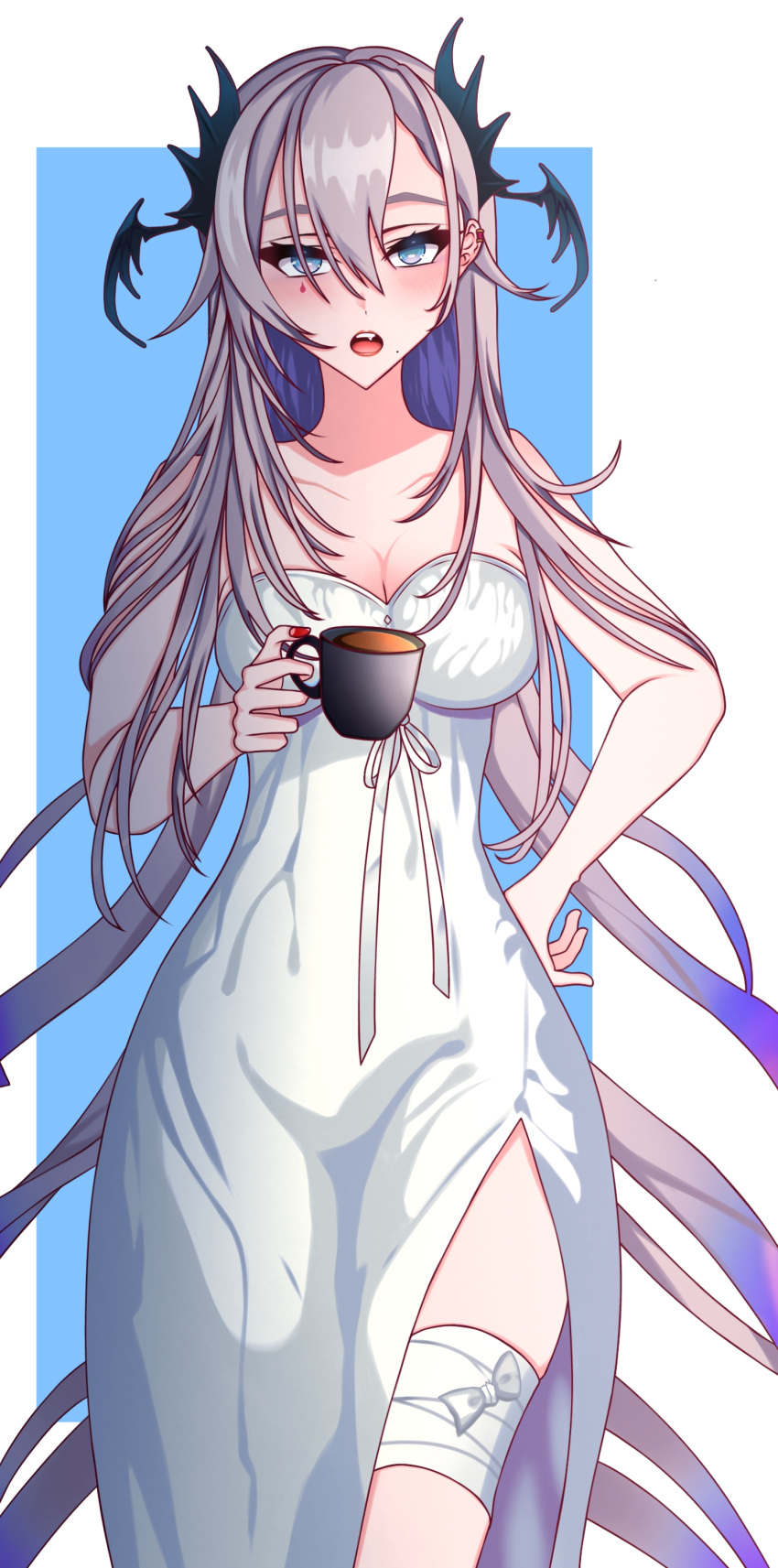 1girl absurdres bandaged_leg bandages blue_eyes blush breasts coffee coffee_mug collarbone cup dress gradient_hair grey_hair hair_between_eyes hand_on_own_hip head_wings highres holding holding_cup ibispaint_(medium) indie_virtual_youtuber mole mole_under_mouth mug multicolored_hair open_mouth pochimaru_(vtuber) red_nails side_slit strapless strapless_dress suebacktea teardrop_facial_mark tentacle_hair two-tone_background white_dress wings