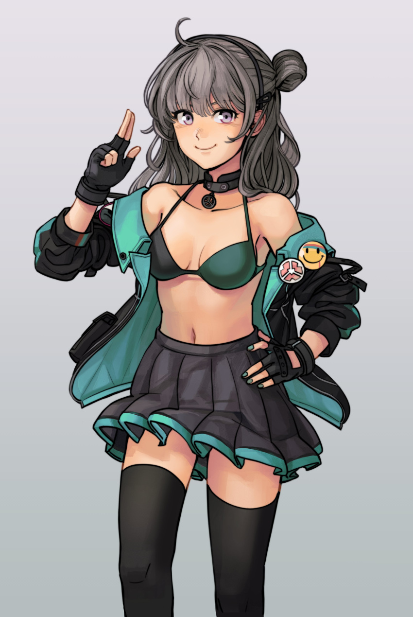 1girl absurdres bikini brown_hair choker commission english_commentary fingerless_gloves girls'_frontline gloves grey_eyes headset highres honey_badger_(girls'_frontline) jacket jewelry kneehighs nail_polish necklace open_clothes open_jacket pin sardine_(feshtail) skirt smile smiley_face socks swimsuit victory_pose