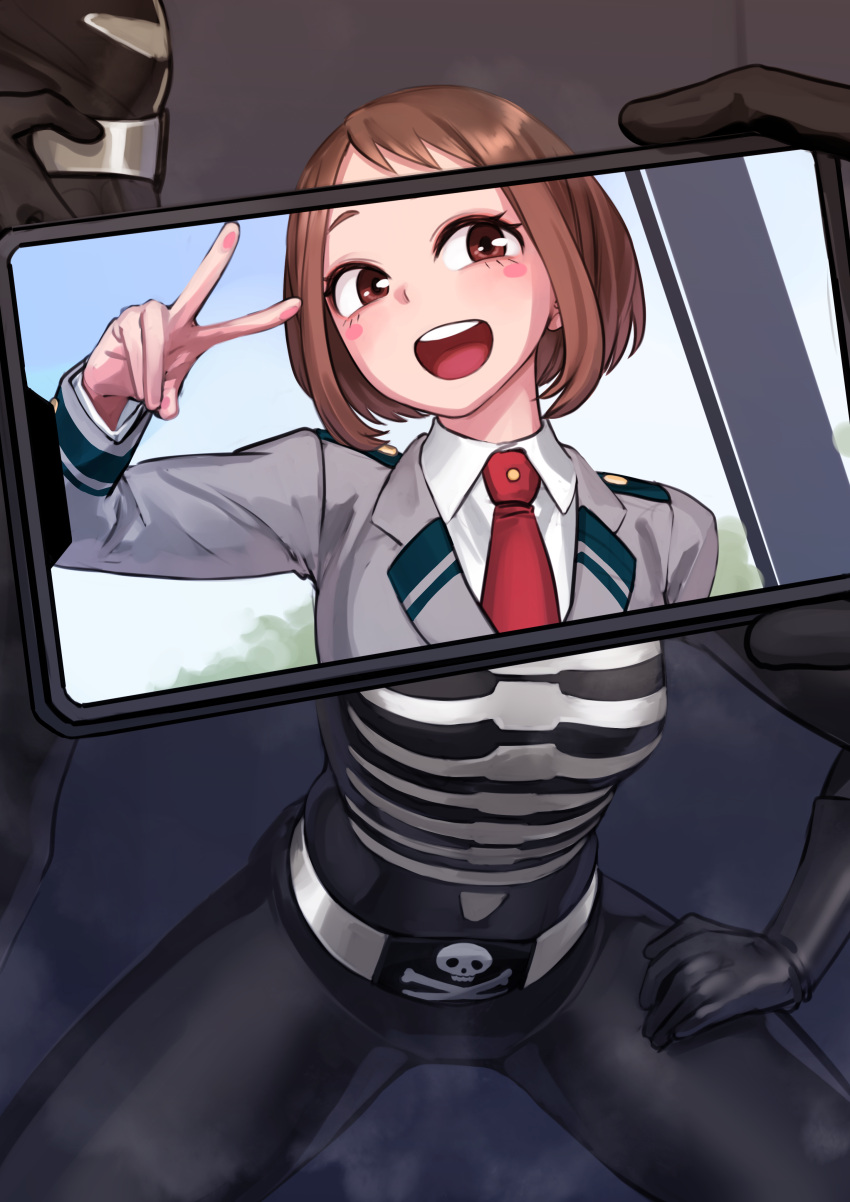 1boy 1girl absurdres black_bodysuit blush bodysuit boku_no_hero_academia breasts brown_eyes brown_hair commentary_request highres kilye_kairi latex latex_bodysuit looking_at_viewer medium_breasts pink_bodysuit short_hair skin_tight skindentation uraraka_ochako