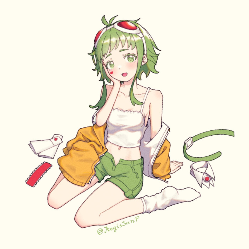 1girl :d aegissanp blush clothing_aside facial_mark goggles goggles_on_head green_eyes green_hair green_shorts gumi hand_on_own_face heart heart_facial_mark highres jacket looking_at_viewer off-shoulder_jacket off_shoulder open_mouth orange_jacket red-tinted_eyewear red_goggles shirt short_hair short_hair_with_long_locks shorts sitting sleeveless sleeveless_shirt smile socks solo tinted_eyewear vocaloid white_background white_shirt white_socks